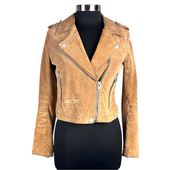 BLANK NYC COFFEE BEAN BROWN TAN SUEDE LEATHER CROPPED ZIP MOTO BIKER FALL JACKET - Picture 2 of 15